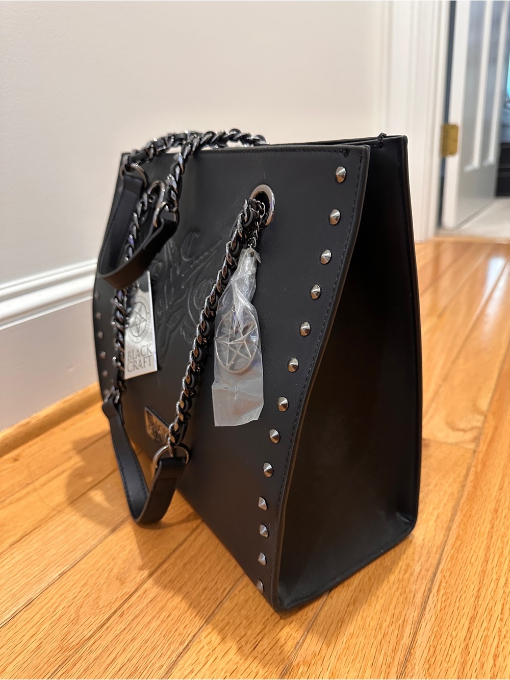 NWT Blackcraft Black Studded Shoulder Bag with Chain Handles - Picture 7 of 12